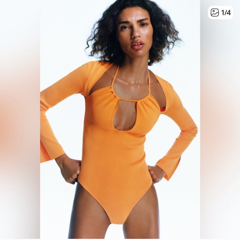 Zara Orange Cutout Long Sleeve Bodysuit with Tie Front Detail Medium M
